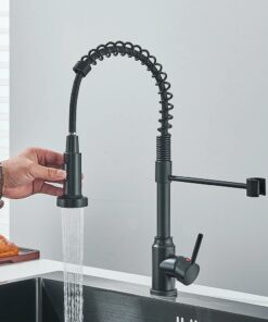 Évier de Cuisine Noir à une Poignée, Robinet d&rsquo;Eau Chaude et Froide à Ressort, Grue de Cuisine Chromée, Monté sur le Pont, 256