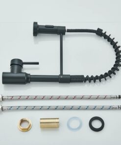 Évier de Cuisine Noir à une Poignée, Robinet d&rsquo;Eau Chaude et Froide à Ressort, Grue de Cuisine Chromée, Monté sur le Pont, 256