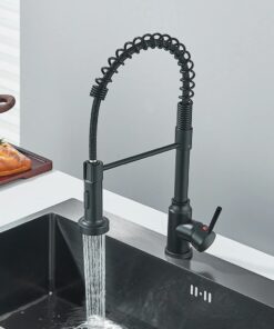 Évier de Cuisine Noir à une Poignée, Robinet d&rsquo;Eau Chaude et Froide à Ressort, Grue de Cuisine Chromée, Monté sur le Pont, 256